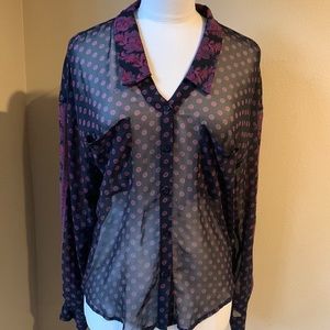 Free People Black Pink Floral Sheer Rolled Long Sleeve Blouse Top Shirt XS